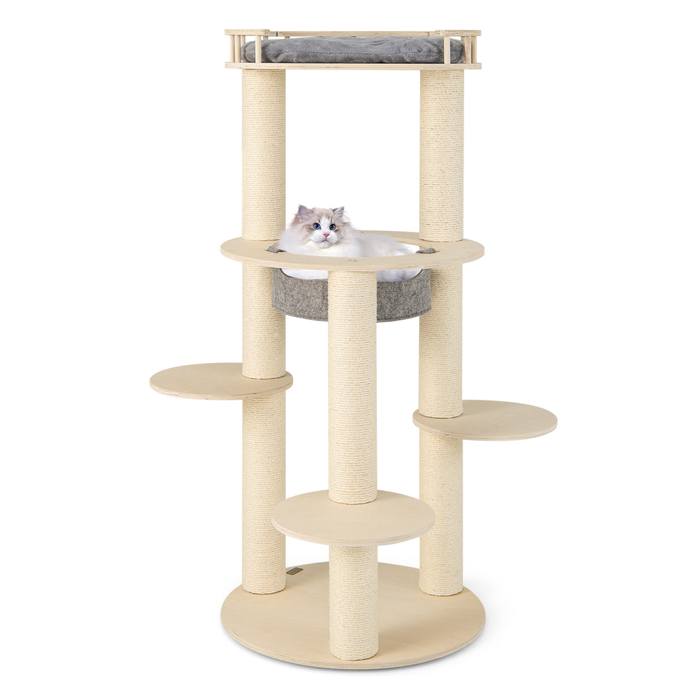 5-level wooden cat tree featuring a padded perch and non-woven hammock for secure and comfortable lounging.