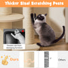 Thicker sisal scratching post on a 5-level wooden cat tree with padded perch and non-woven hammock for cat comfort.