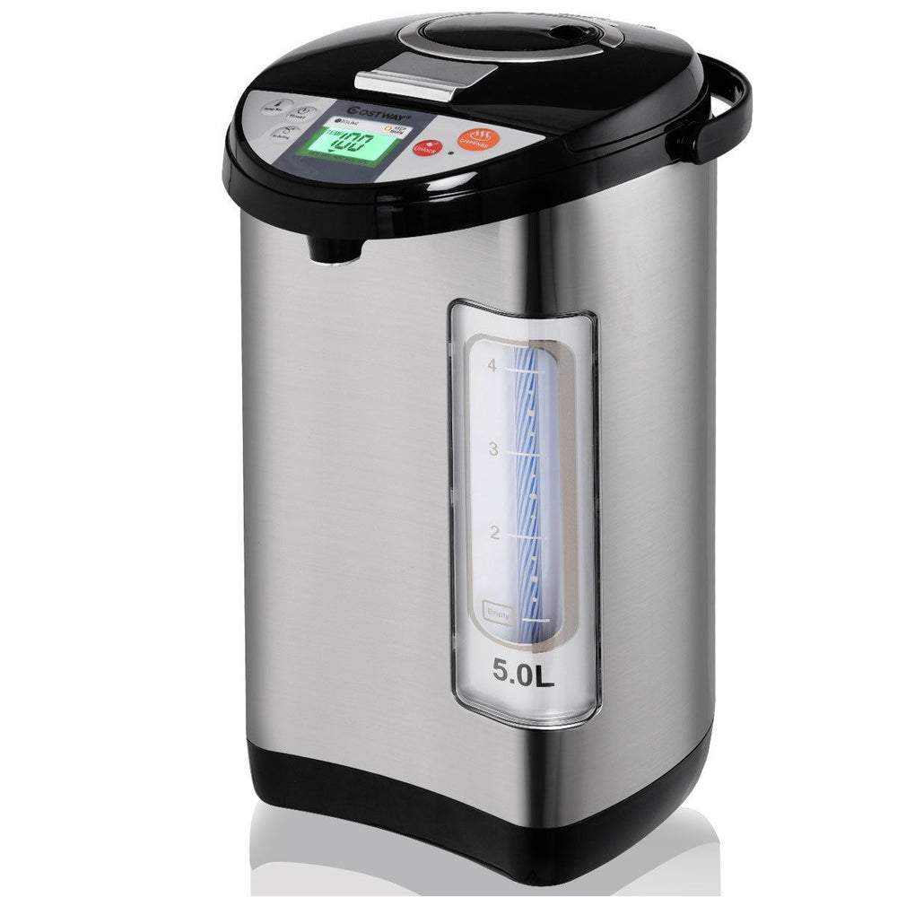 5-liter electric water boiler featuring a sleek stainless steel finish and a user-friendly timer function for precise.