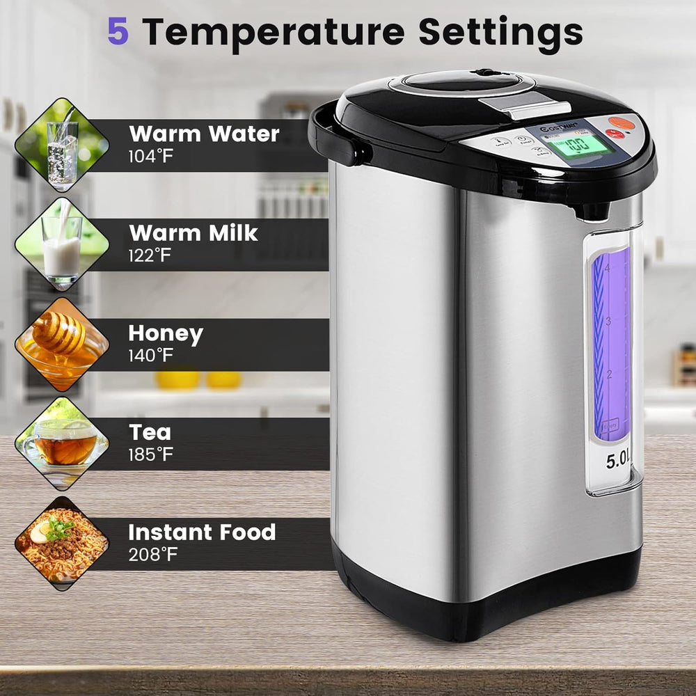5-liter electric water boiler with LCD display, stainless steel design, and 5 temperature settings for versatile.