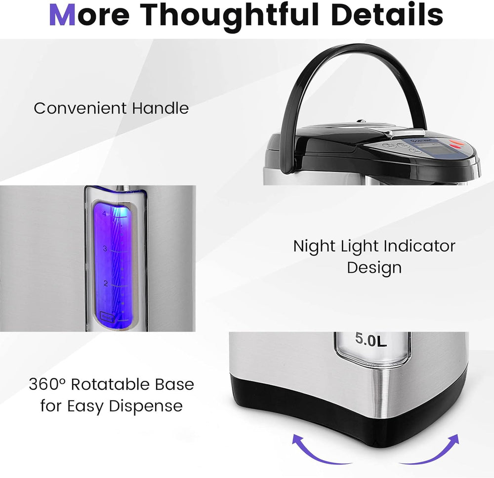 Close-up of the 5-liter electric water boiler's LCD display, night light indicator, and convenient handle for easy use.