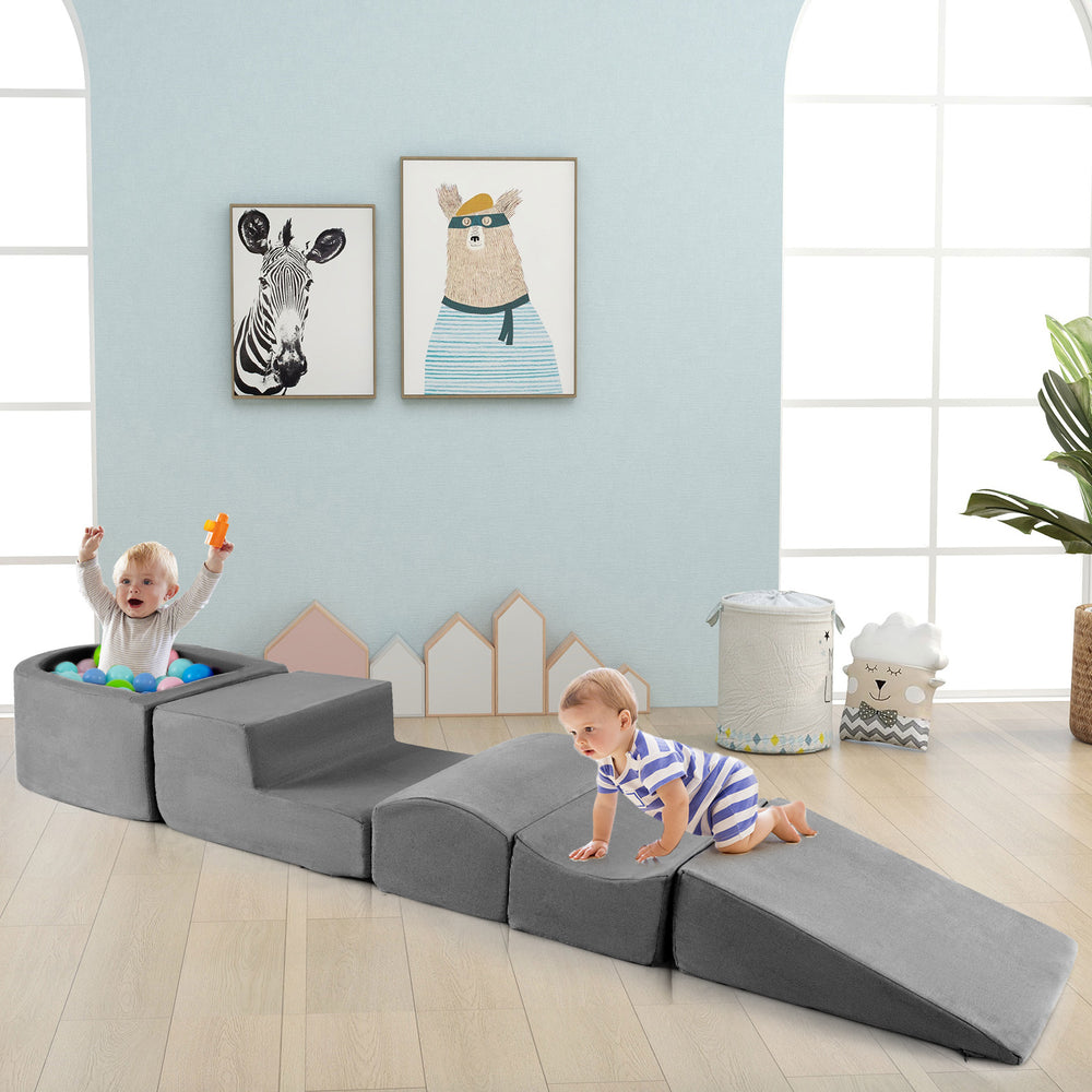 Gray 5-piece climb and crawl playset with ball pit, featuring slide and step for kids' imaginative play and physical.