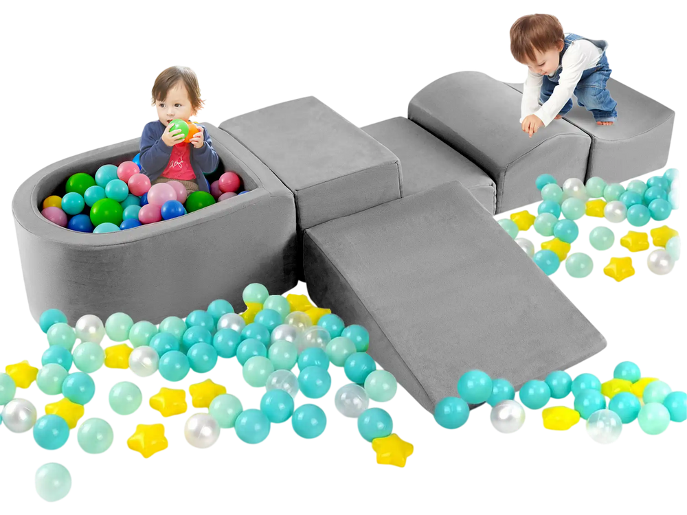 5-piece gray climb and crawl playset with slide, step, and ball pit, designed for kids' creativity and safe play.