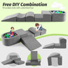 5-piece gray climb and crawl playset with slide, step, and ball pit for kids' imaginative play and physical activity.