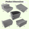 Dimensions of the 5-piece gray climb and crawl playset, including slide, step, and ball pit for kids' play.