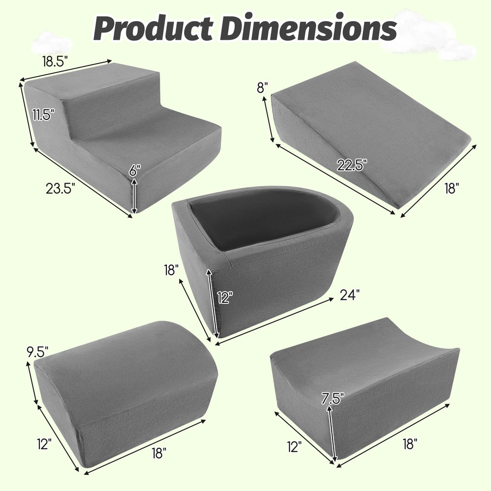 Dimensions of the 5-piece gray climb and crawl playset, including slide, step, and ball pit for kids' play.