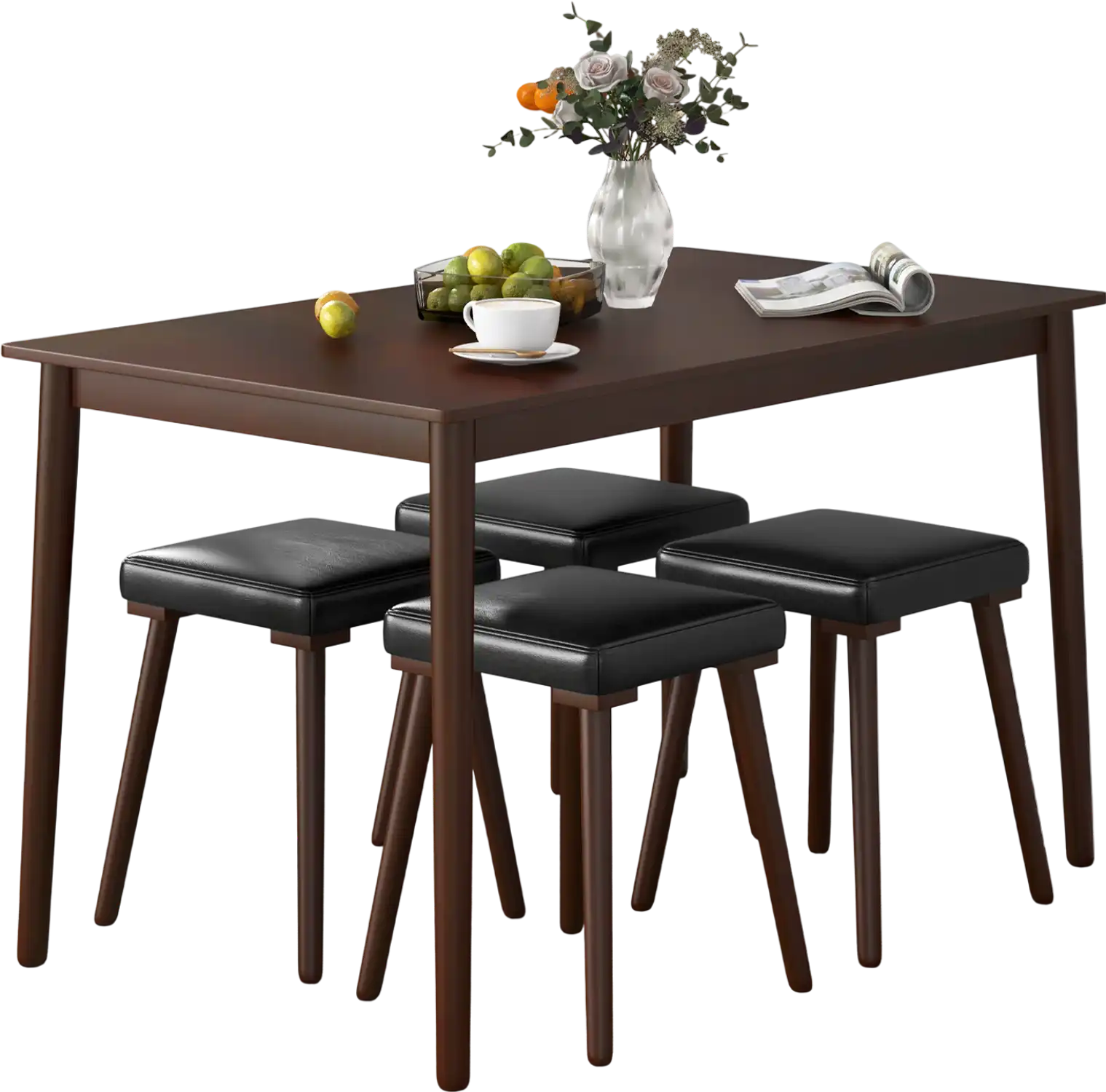 Costway 5 Piece Counter Height Dining Table Set for 4 w/ 4 Upholstered Stools Rubber Wood Legs 24978135 New