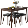 Dining table set featuring a brown 48" tabletop with four upholstered stools, ideal for kitchen or dining use.