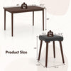 Dining table set with dimensions, featuring a brown rubber wood table and upholstered stools for versatile use.