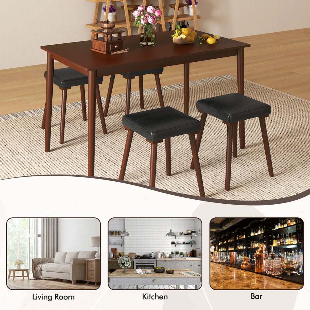 5-piece dining table set featuring a brown tabletop and 4 upholstered stools, ideal for kitchen or living room use.