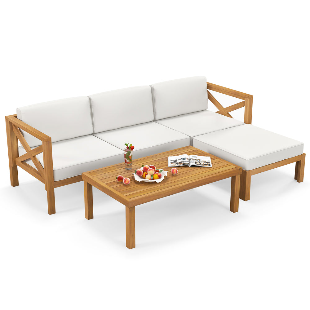 5-piece outdoor conversation set featuring acacia wood frame, thick white cushions, and versatile ottoman for any patio.