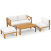 Single chair from the 5-piece outdoor conversation set with acacia wood frame and thick white cushion for added comfort.