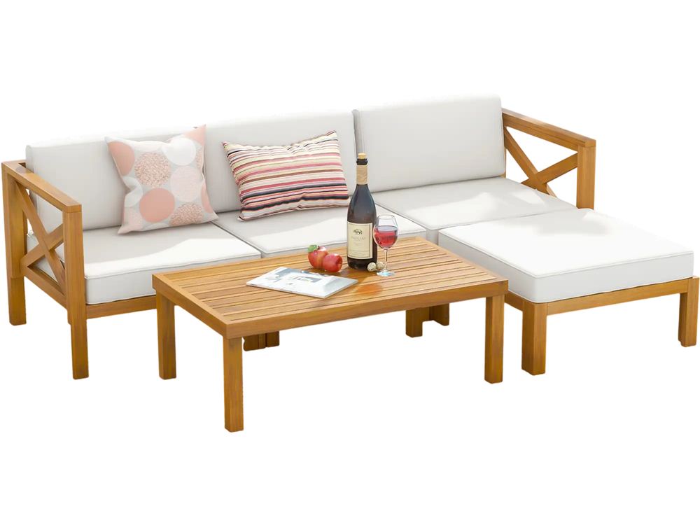 5-piece outdoor conversation set featuring acacia wood frame, thick cushions, and versatile ottoman for patio.