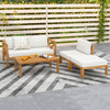 5-piece outdoor conversation set featuring acacia wood frame, thick white cushions, and flexible arrangement for patios.