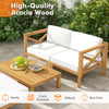 Acacia wood outdoor conversation set featuring a loveseat and coffee table, designed for comfort and durability.