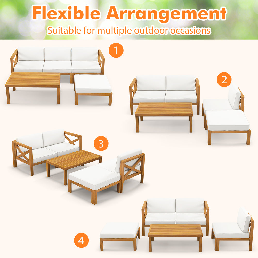 5-piece outdoor conversation furniture set featuring acacia wood frame, thick cushions, and flexible arrangement for.