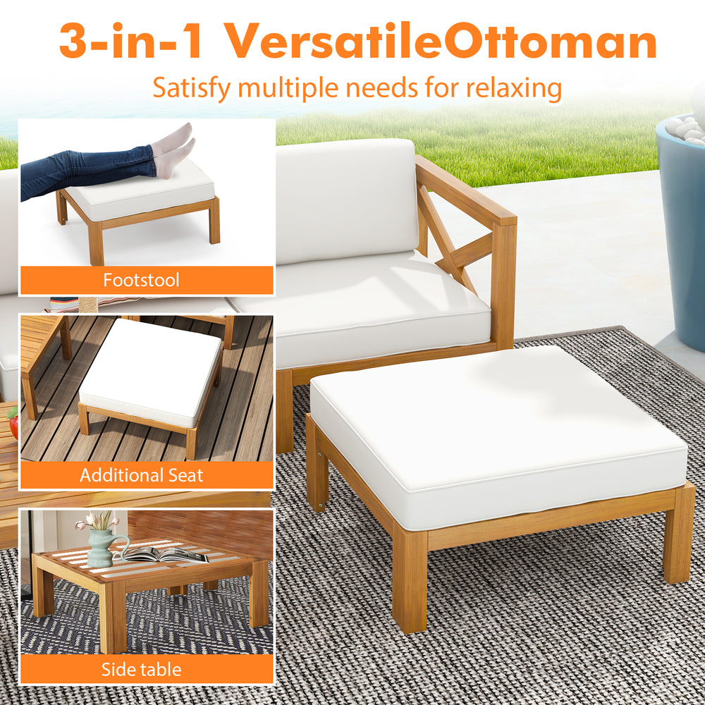 Versatile ottoman in acacia wood, serving as a footrest, additional seat, or side table for outdoor relaxation.