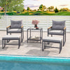 5-piece outdoor rattan conversation set with gray cushions, 2-layer side table, and 2 ottomans for poolside relaxation.