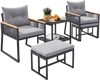 Outdoor rattan conversation set featuring gray cushions, acacia wood armrests, and a 2-layer side table for patio.