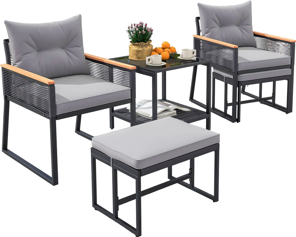 Outdoor rattan conversation set featuring gray cushions, acacia wood armrests, and a 2-layer side table for patio.