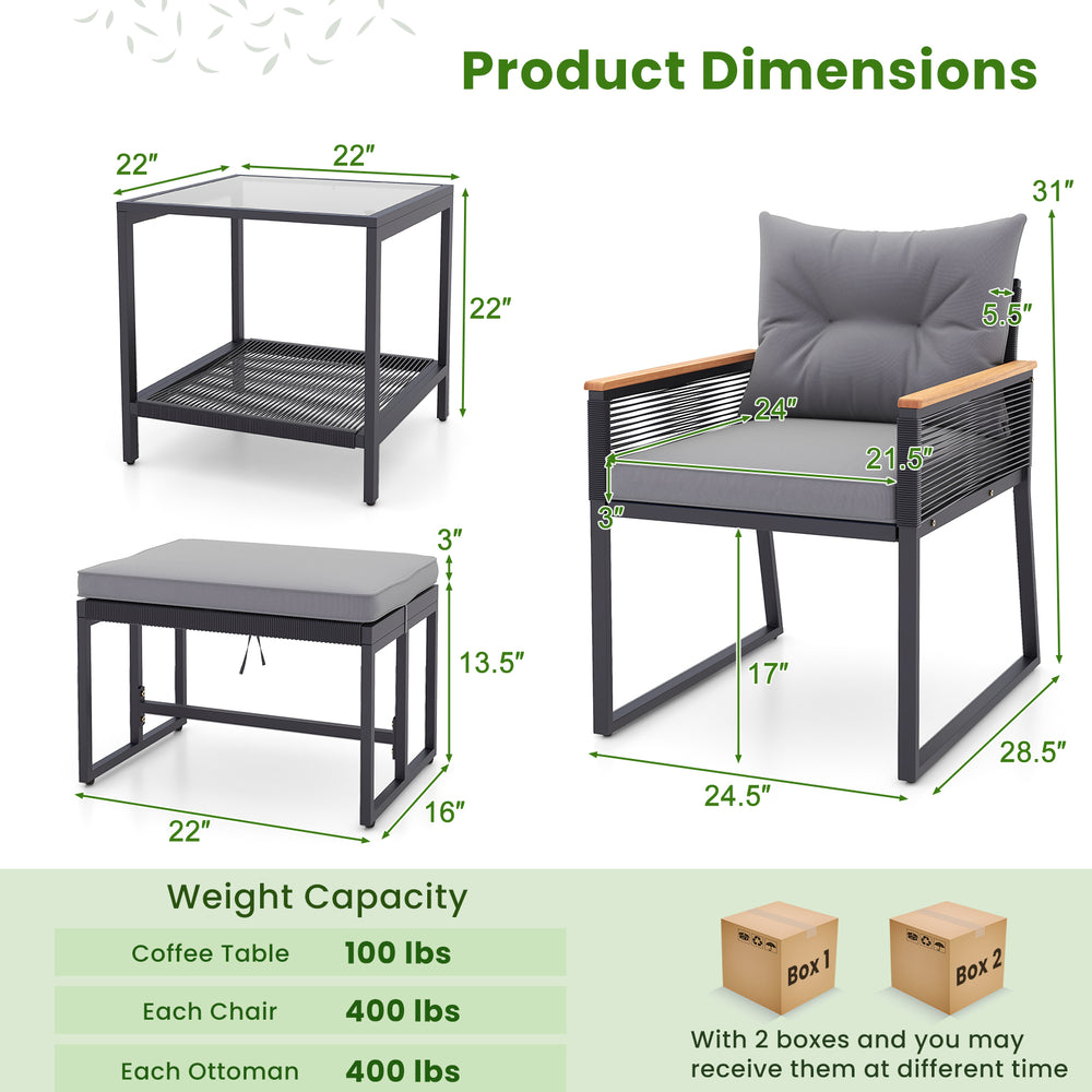 Dimensions of the 5-piece outdoor rattan conversation set with gray cushions, including a side table and ottomans.