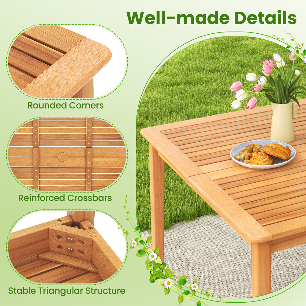 Detail shots of the 5-piece patio dining set showcasing rounded corners, reinforced crossbars, and a stable triangular.