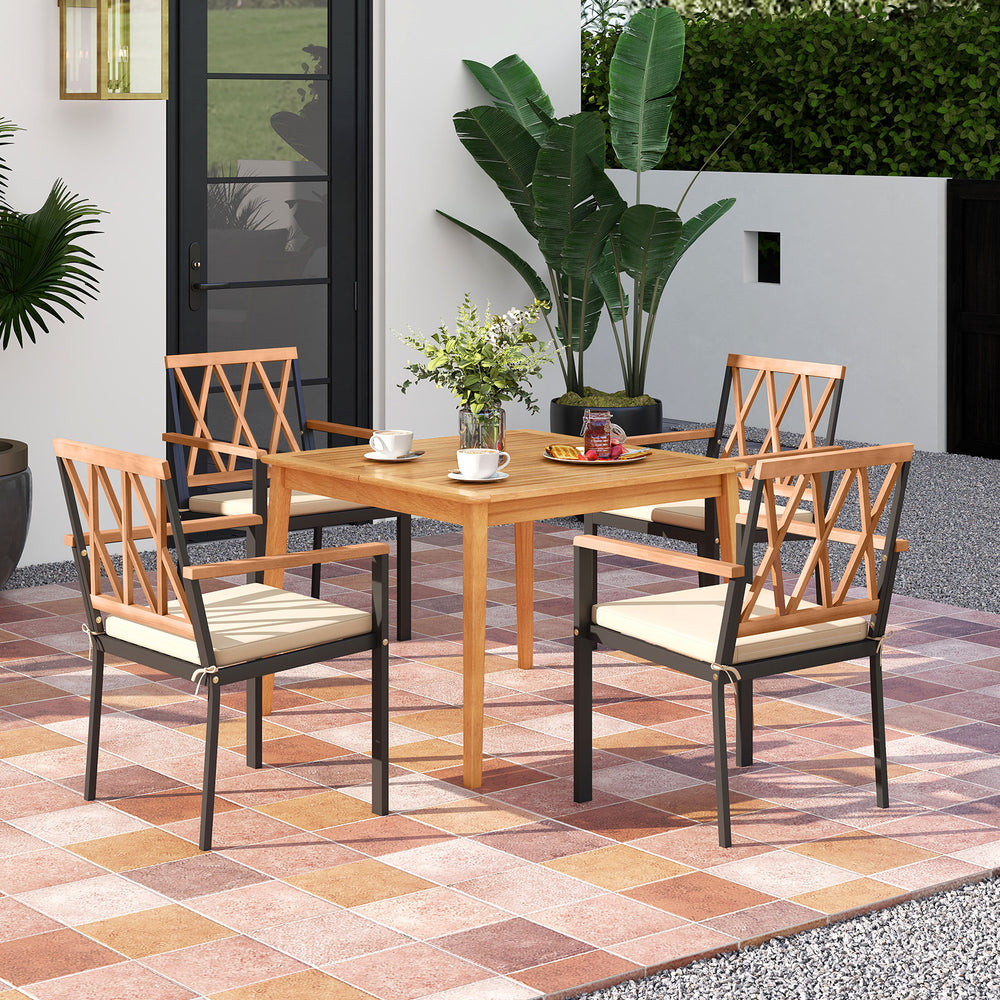 5-piece patio acacia wood dining set with metal frame, featuring removable cushions and umbrella hole for outdoor.
