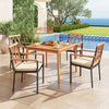 5-piece patio dining set featuring solid acacia wood table and metal chairs with cushions, perfect for outdoor dining.