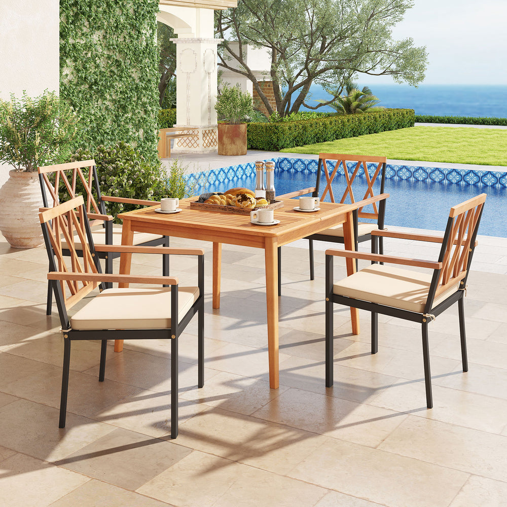 5-piece patio dining set featuring solid acacia wood table and metal chairs with cushions, perfect for outdoor dining.