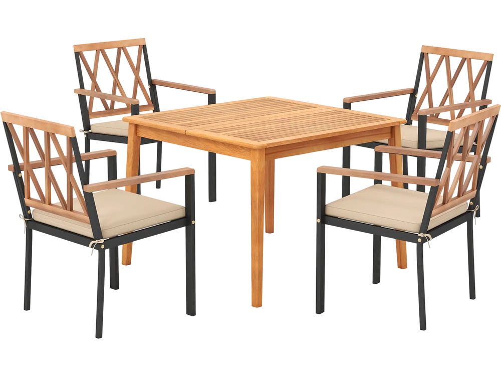 5 Piece Patio Acacia Wood Dining Set Solid Wooden Dining Furniture with Umbrella Hole