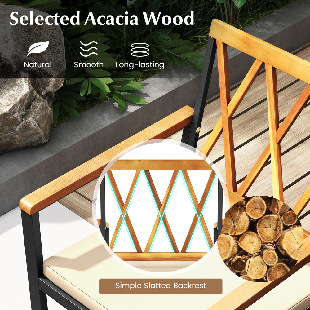 Close-up of the slatted backrest of the 5 Piece Patio Acacia Wood Dining Set, showcasing natural acacia wood and.