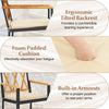 Ergonomic tilted backrest and foam padded cushion on a chair from the 5 Piece Patio Acacia Wood Dining Set for comfort.