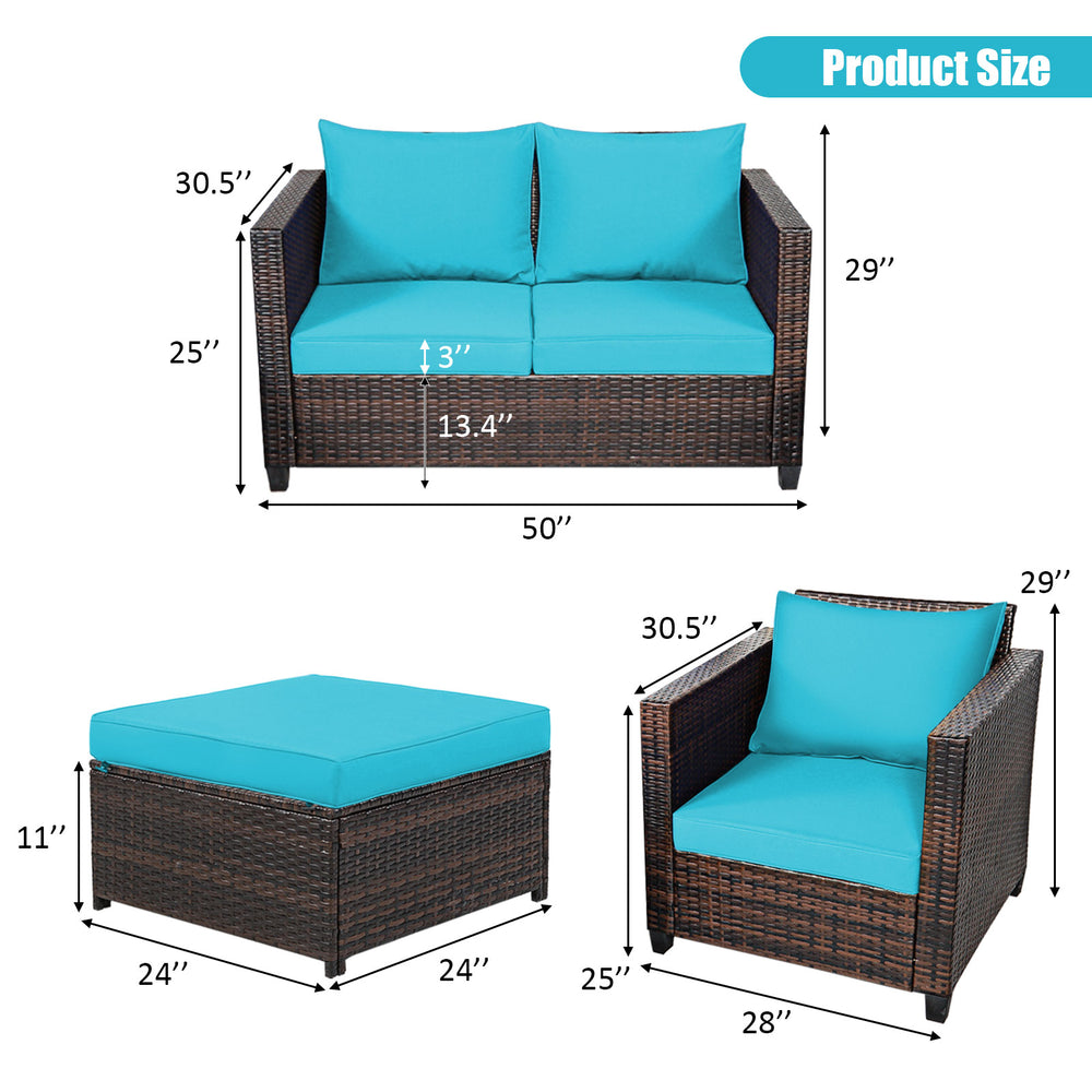 Turquoise cushioned single sofa from a 5-piece patio set, featuring a durable rattan frame for comfortable outdoor.