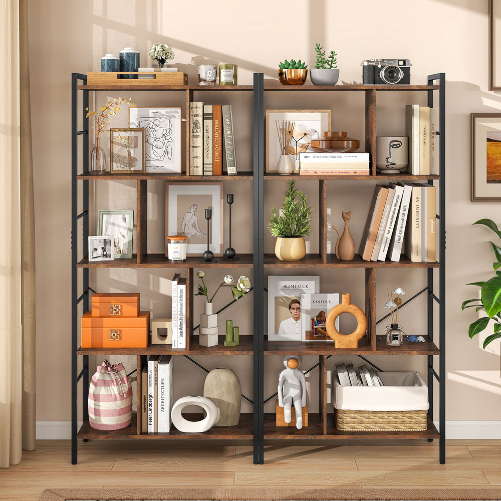 5-tier industrial bookshelf with metal frame, featuring ample storage for decor and books, perfect for home.