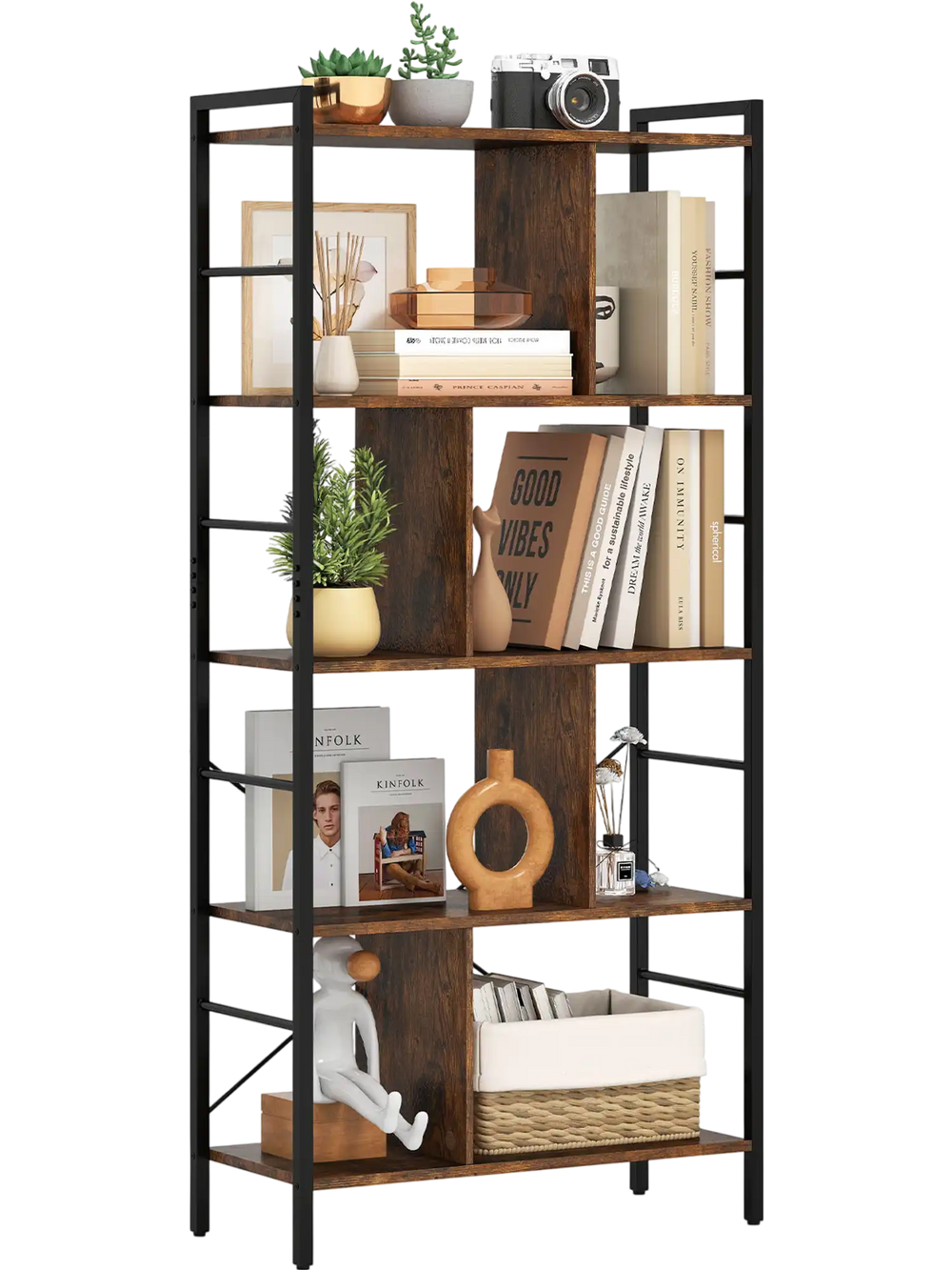 5-tier Bookcase 61 Inch Tall Industrial Bookshelf with Metal Frame