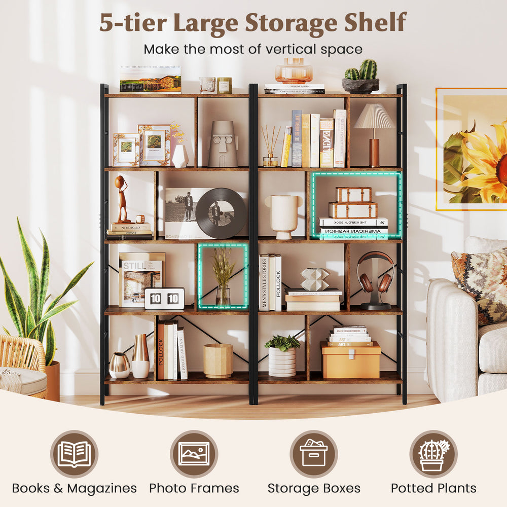 5-tier industrial bookshelf with metal frame, showcasing storage for books, plants, and decor in a stylish design.