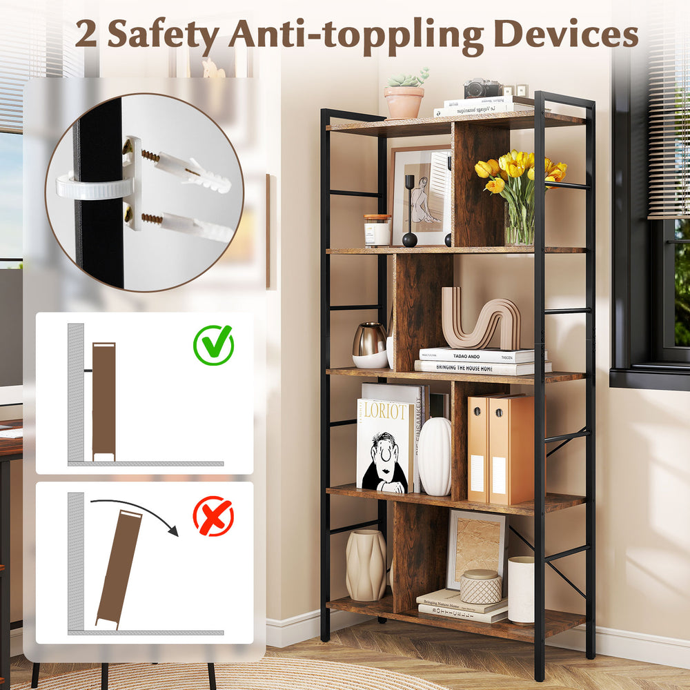 5-tier industrial bookshelf with metal frame, featuring anti-tipping devices for added safety and stability.