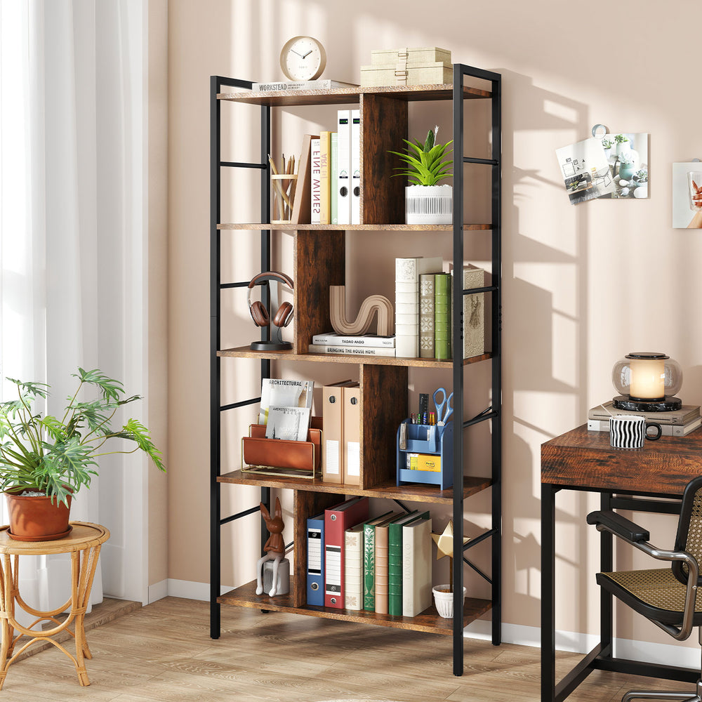 5-tier industrial bookshelf with metal frame, featuring ample storage for books and decor, perfect for home office use.