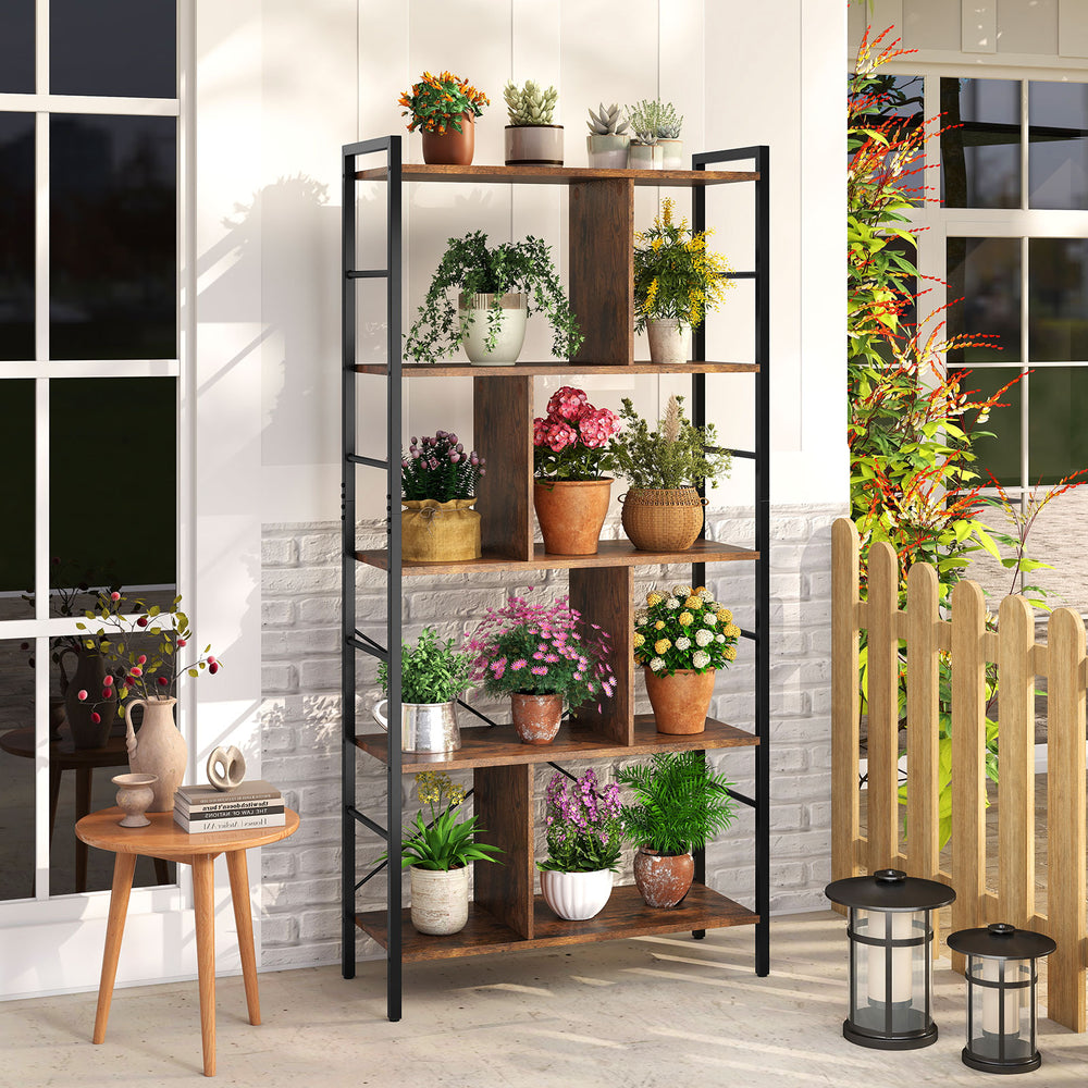 5-tier industrial bookshelf with metal frame, showcasing plants and decor, perfect for stylish storage in any space.