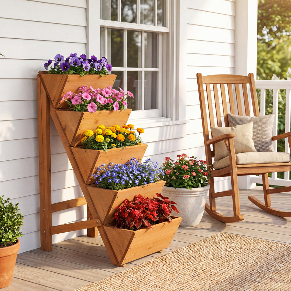 5-tier vertical raised garden bed made of fir wood, showcasing colorful flowers, perfect for small balconies or tight.