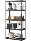 5-tier metal shelving unit with adjustable shelves, anti-slip foot pads, perfect for garage or kitchen storage.