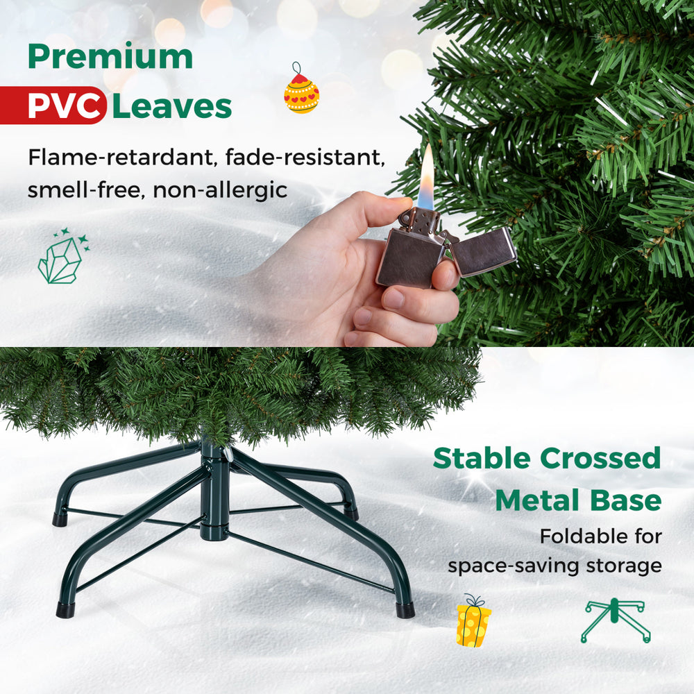 5 FT artificial Christmas tree with hinged branches, featuring flame-retardant PVC leaves and a stable metal base.