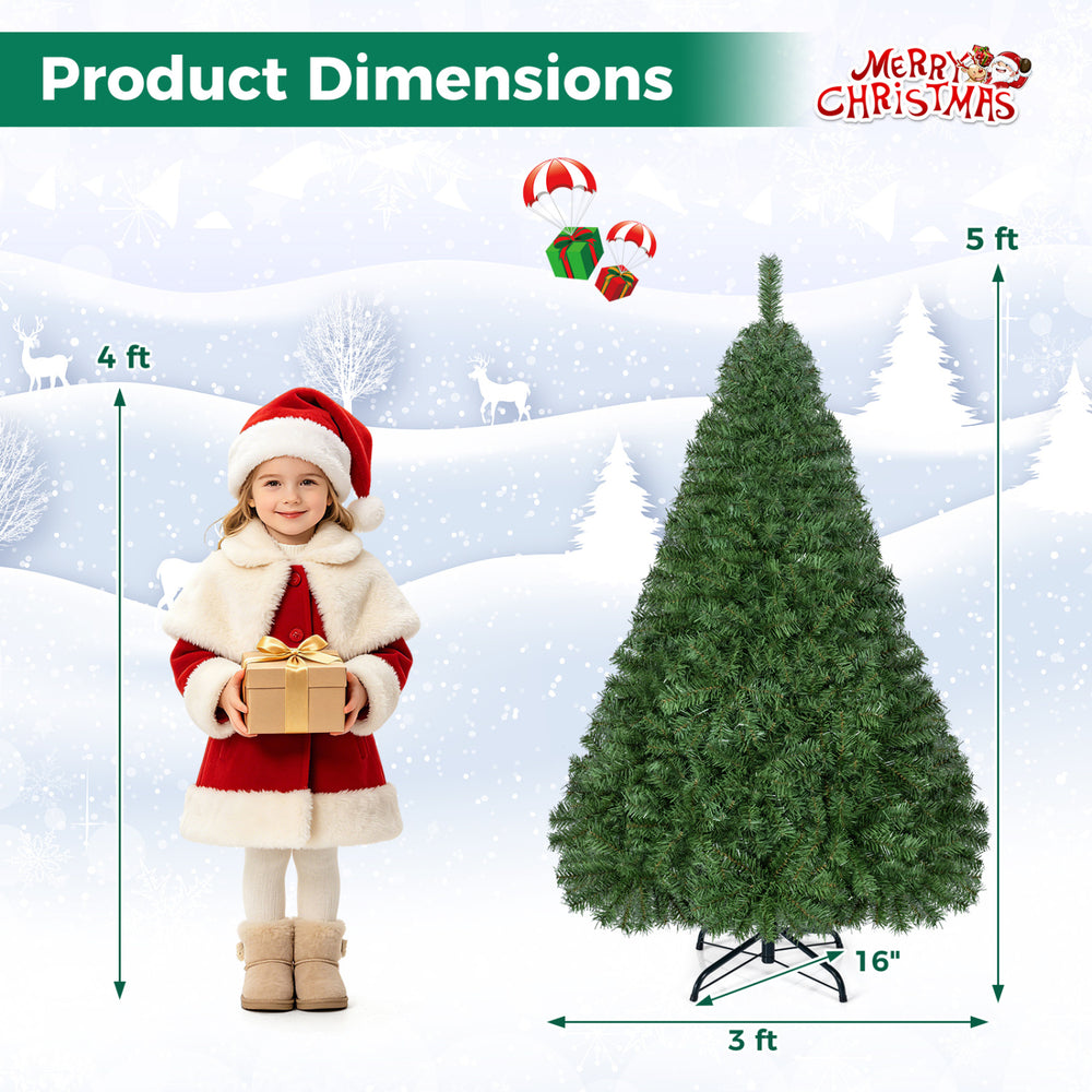 5-foot artificial Christmas tree with hinged branches, featuring 519 tips and a folding metal stand for easy assembly.