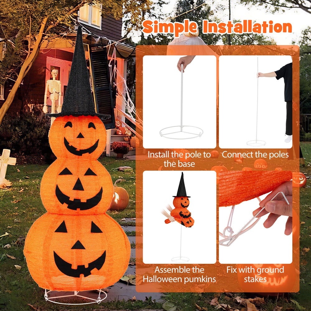 Lighted 5 feet stacked pumpkins with witch hat, featuring 100 LED lights, ideal for Halloween yard decoration.