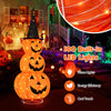 5 feet lighted stacked pumpkins Halloween decoration with witch hat, featuring 100 LED lights for outdoor yard display.