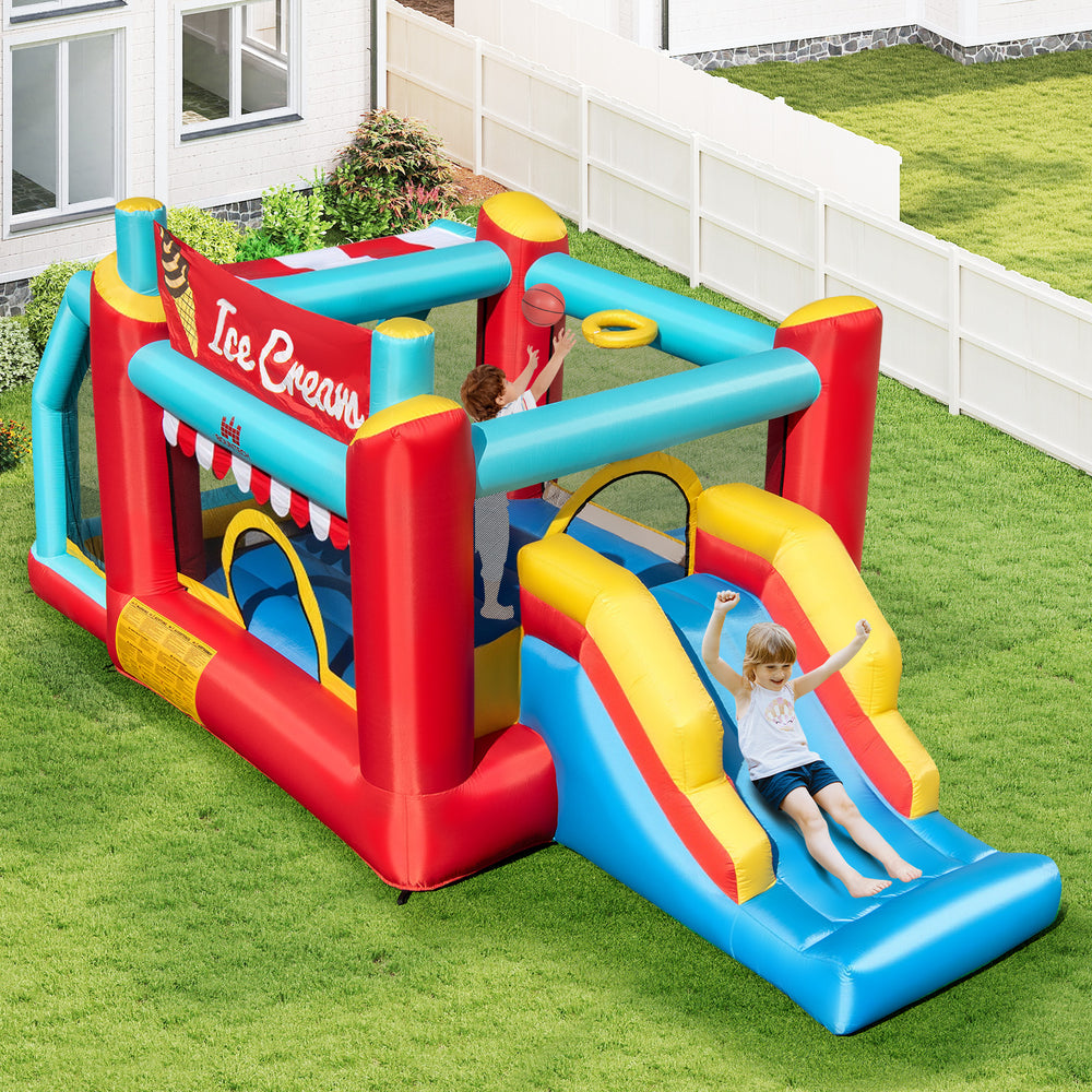 5-in-1 Ice Cream inflatable bounce house with slide and ball pit, featuring bright colors for outdoor fun.