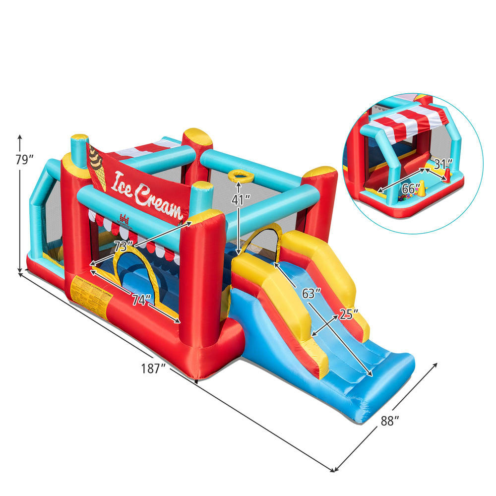 5-in-1 Ice Cream inflatable bounce house with slide, ball pit, and basketball hoop for kids' fun and exercise.