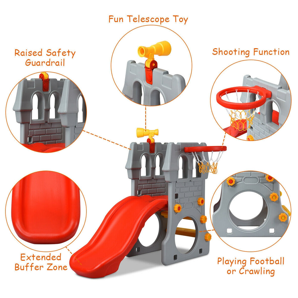 5 in 1 toddler climber slide playset with basketball hoop, telescope, and safety guardrails for indoor or outdoor fun.