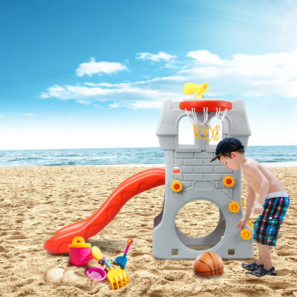 Toddler climber slide playset with basketball hoop and telescope, perfect for outdoor fun at the beach.