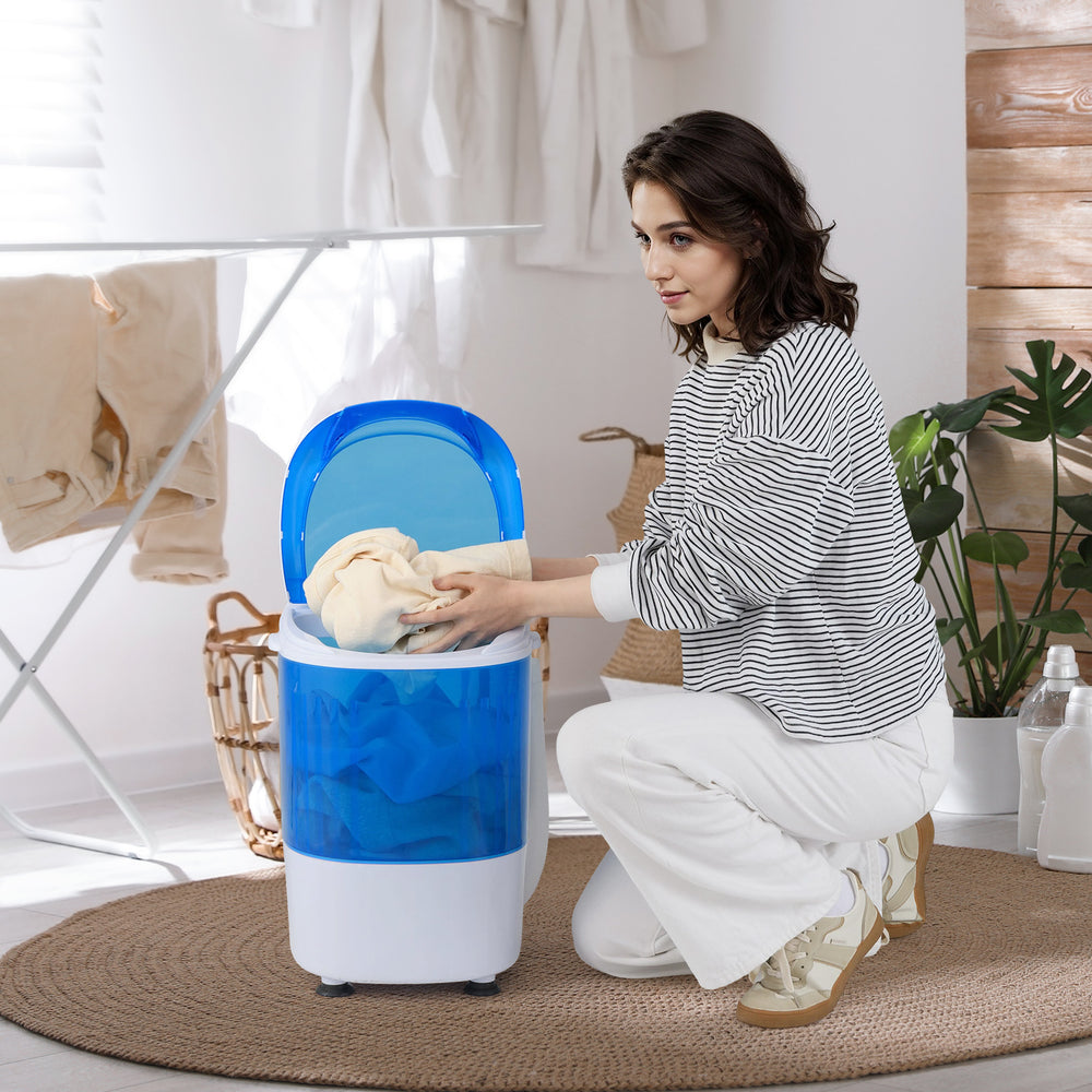 Portable semi-auto washing machine with clear lid, 5.5lbs capacity, ideal for small spaces like dorms and apartments.
